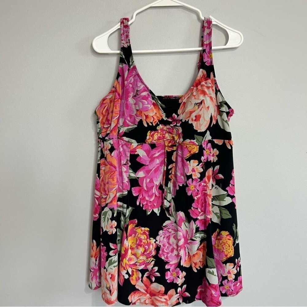 Bal Harbour Floral Pink Orange One Piece Swimsuit Dress Women’s Size 20